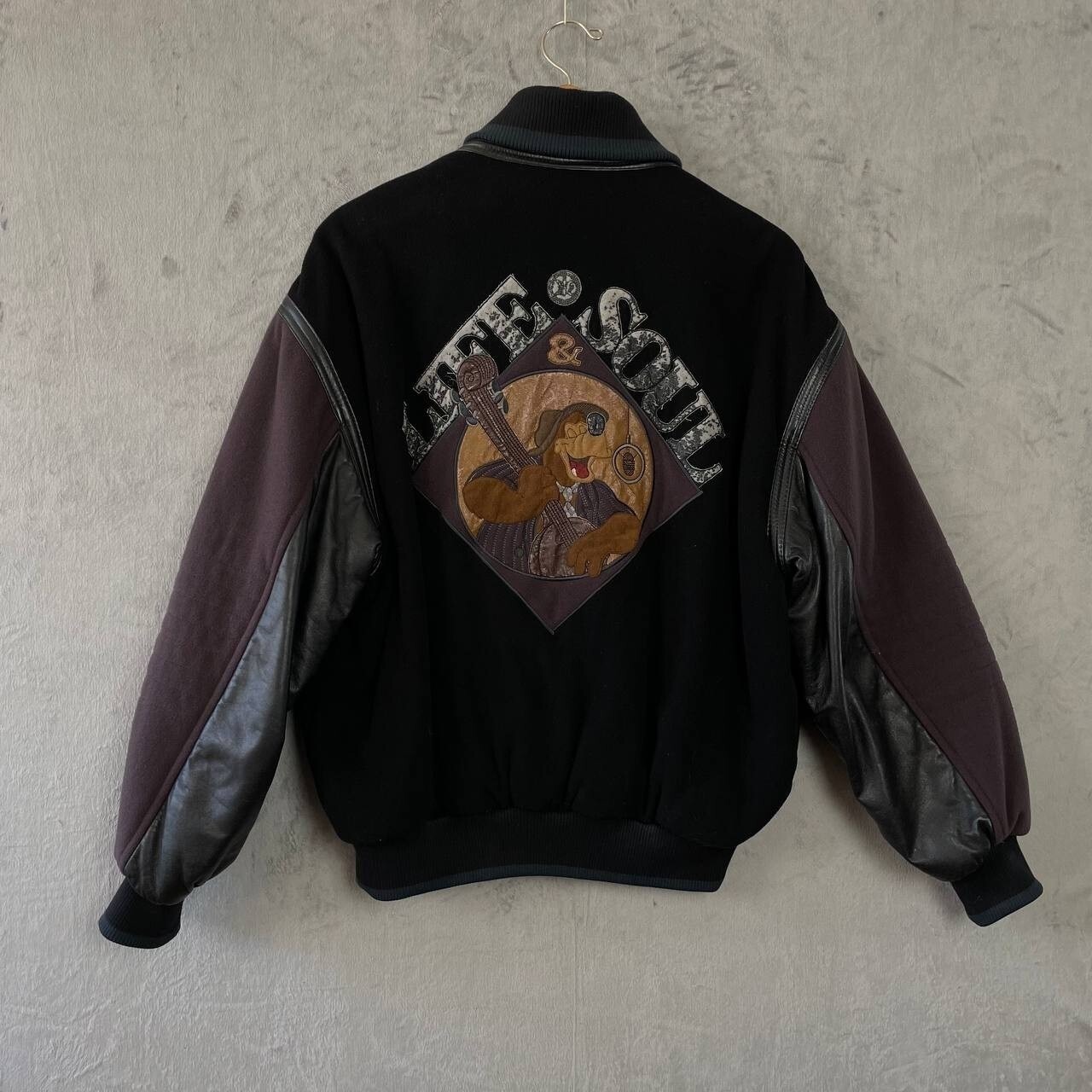 Vintage 90s Disney Embroidered Wool Leather Bomber Jacket Black Full Zip Size 48